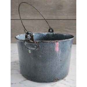 Vintage Enamelware Graniteware Berry Bucket Pail With Wire Bail Rustic Farmhouse